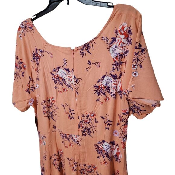 Abound Dress XL Orange Floral VNeck Back Zip Knee Length Short Sleeve - Picture 3 of 10